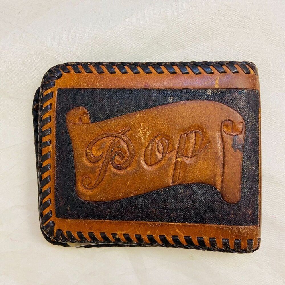 Brown Leather Wallet VTG embossed POP dad father